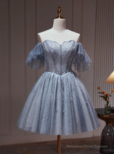 Blue Gray Tulle Beading Homecoming Dress